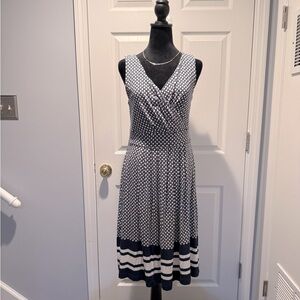 Lands' End Navy and White Sleeveless V-Neck dress Size S